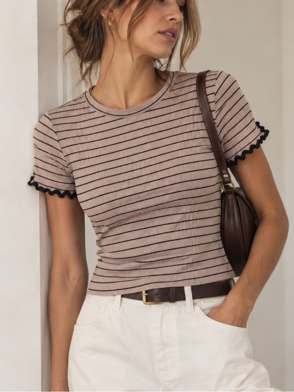 343. Emelia Striped Ribbed Lettuce Edge Stretch Top Size S